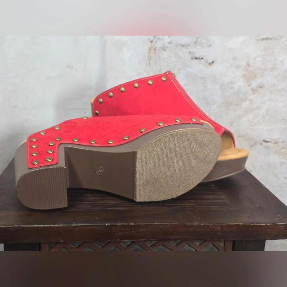 NEW Red Peep Toe Mules/Clogs, Chunky Heel, Stud Details, Suede Feel Size 8 - Picture 4 of 7